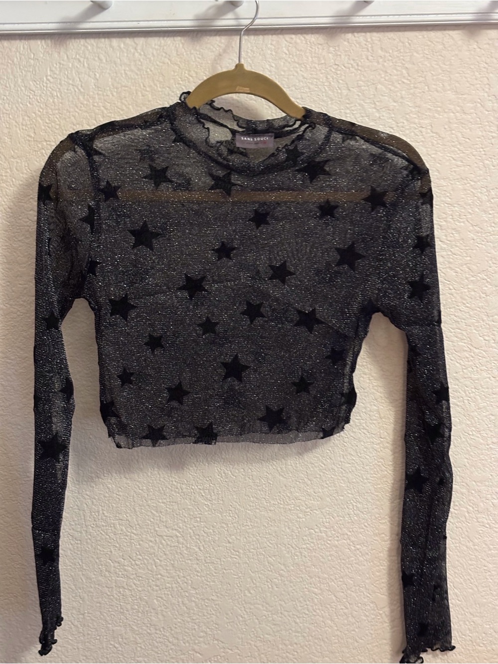 Sans Souci Black Star Mesh Long-Sleeve Crop Top
